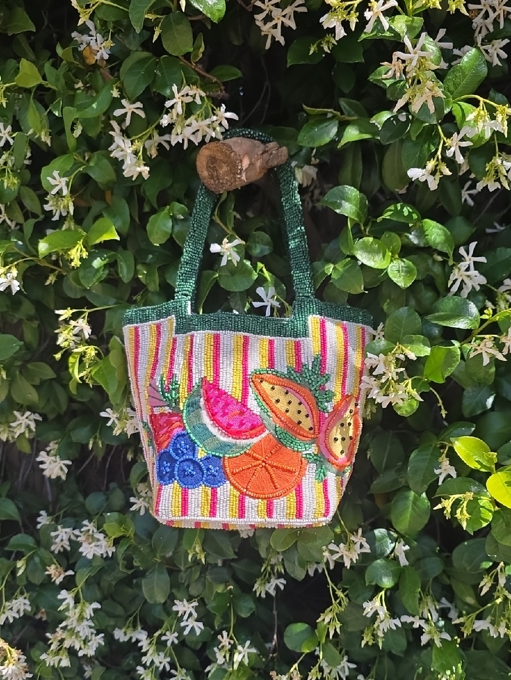 Hand-Beaded Tropical Fruit Tote Bag